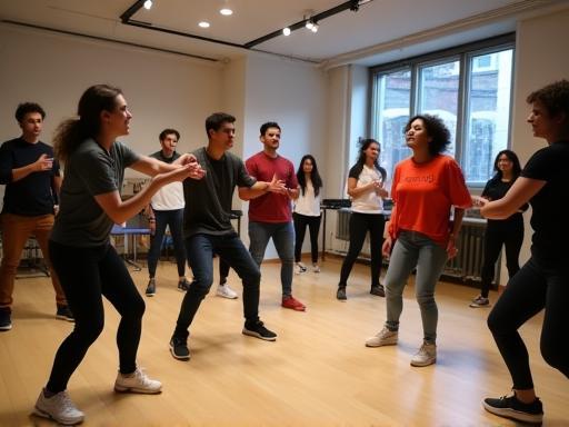 Students engaged in an energetic improvisation session.