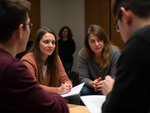 Students discussing a scene study piece with an instructor.