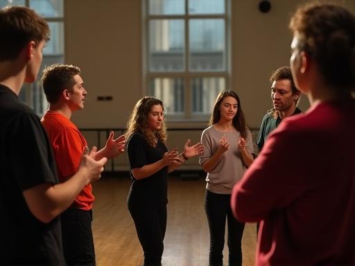 Students performing a voice exercise together.